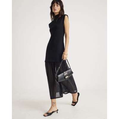 Black Drop Waist Ribbed Hybrid Midi Dress