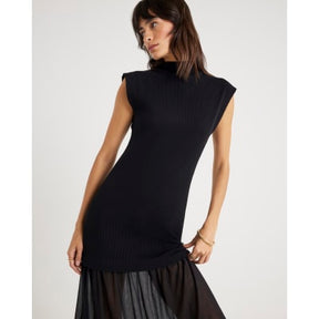 Black Drop Waist Ribbed Hybrid Midi Dress