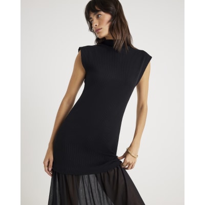 Black Drop Waist Ribbed Hybrid Midi Dress
