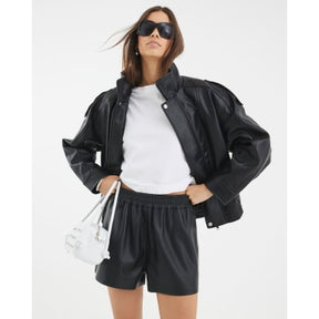 Black Elasticated Faux Leather Shorts