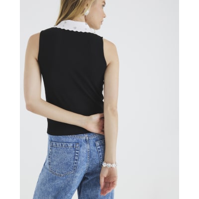 Black Embellished Collar Sleeveless Knit Top