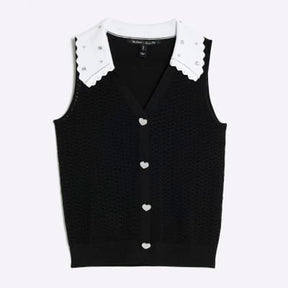 Black Embellished Collar Sleeveless Knit Top
