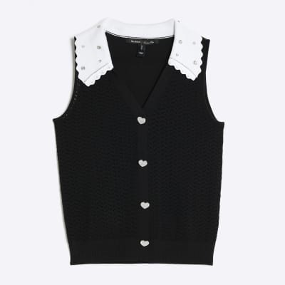 Black Embellished Collar Sleeveless Knit Top