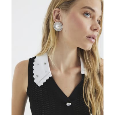 Black Embellished Collar Sleeveless Knit Top