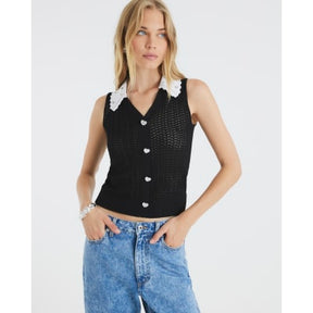 Black Embellished Collar Sleeveless Knit Top
