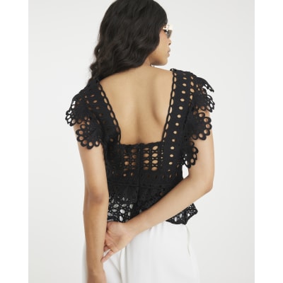 Black Embroidered V-Neck Crop Top