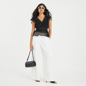 Black Embroidered V-Neck Crop Top