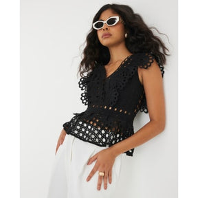 Black Embroidered V-Neck Crop Top