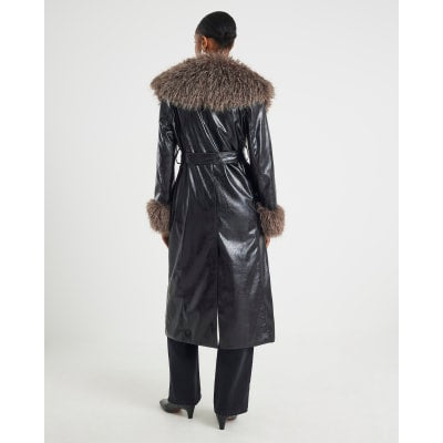Black Faux Fur Collar Trench Coat