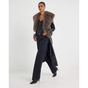 Black Faux Fur Collar Trench Coat