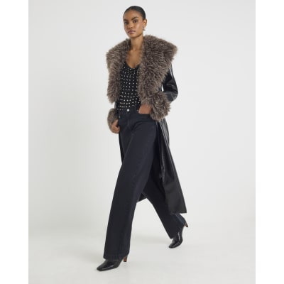 Black Faux Fur Collar Trench Coat