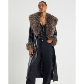 Black Faux Fur Collar Trench Coat