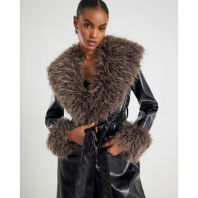 Black Faux Fur Collar Trench Coat