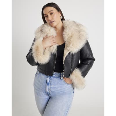 Black Faux Fur Faux Leather Biker Jacket