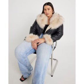 Black Faux Fur Faux Leather Biker Jacket
