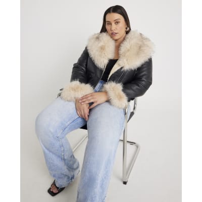 Black Faux Fur Faux Leather Biker Jacket