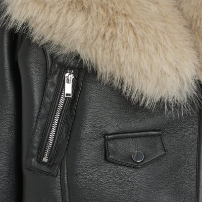 Black Faux Fur Faux Leather Biker Jacket