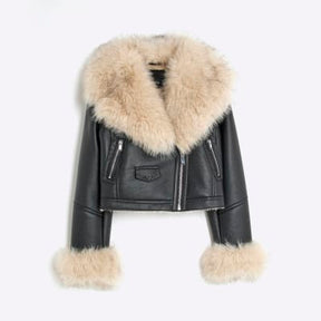 Black Faux Fur Faux Leather Biker Jacket