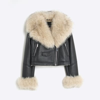 Black Faux Fur Faux Leather Biker Jacket
