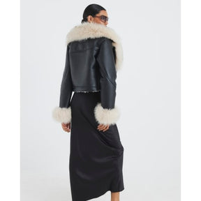 Black Faux Fur Faux Leather Biker Jacket