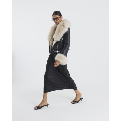 Black Faux Fur Faux Leather Biker Jacket