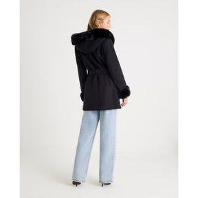 Black Faux Fur Trim Hooded Coat