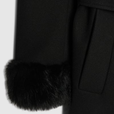 Black Faux Fur Trim Hooded Coat