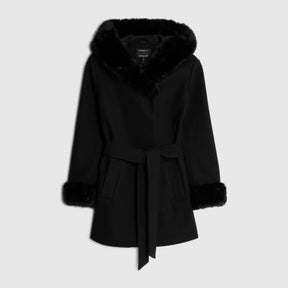 Black Faux Fur Trim Hooded Coat