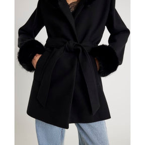 Black Faux Fur Trim Hooded Coat