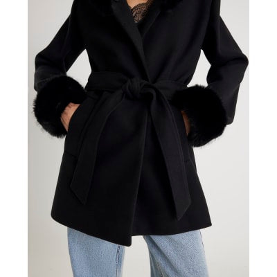 Black Faux Fur Trim Hooded Coat