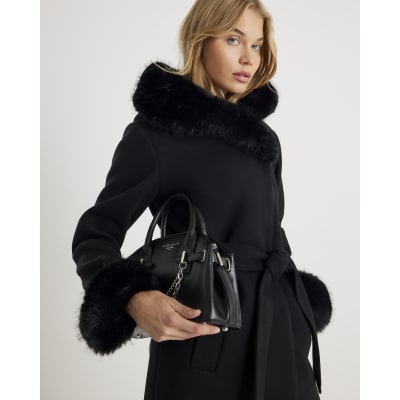 Black Faux Fur Trim Hooded Coat