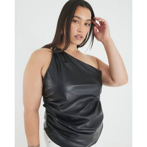 Black Faux Leather Asymmetric Metal Trim Top