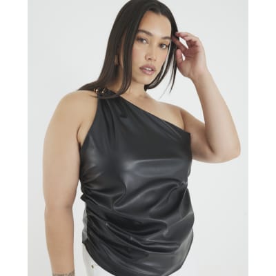 Black Faux Leather Asymmetric Metal Trim Top