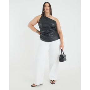 Black Faux Leather Asymmetric Metal Trim Top