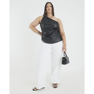 Black Faux Leather Asymmetric Metal Trim Top