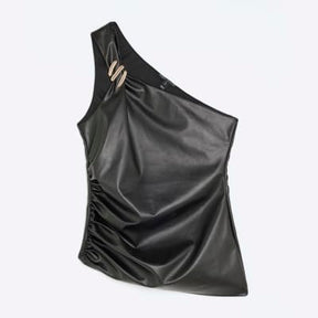 Black Faux Leather Asymmetric Metal Trim Top