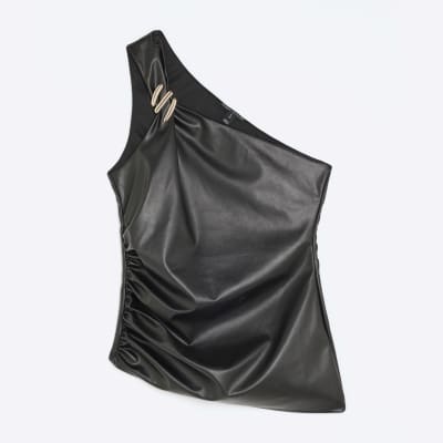 Black Faux Leather Asymmetric Metal Trim Top