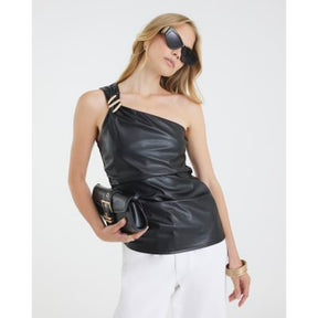 Black Faux Leather Asymmetric Metal Trim Top