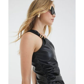 Black Faux Leather Asymmetric Metal Trim Top