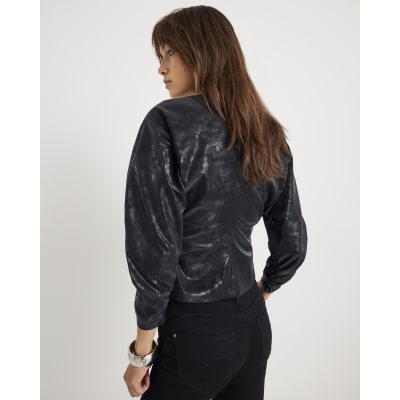 Black Faux Leather Batwing Top