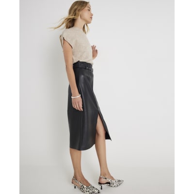Black Faux Leather Belted Midi Skirt