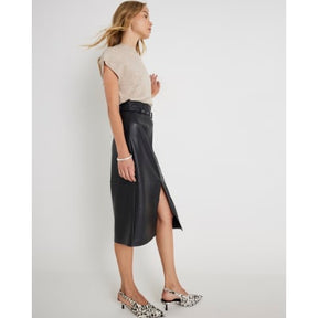 Black Faux Leather Belted Midi Skirt
