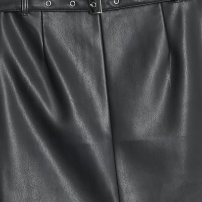 Black Faux Leather Belted Midi Skirt
