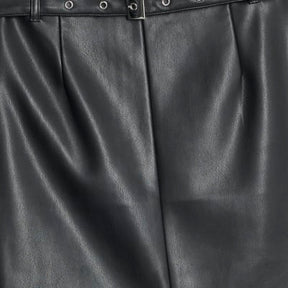 Black Faux Leather Belted Midi Skirt