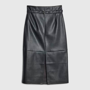 Black Faux Leather Belted Midi Skirt