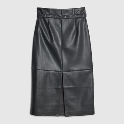 Black Faux Leather Belted Midi Skirt