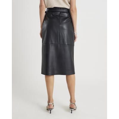 Black Faux Leather Belted Midi Skirt