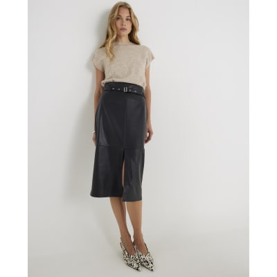 Black Faux Leather Belted Midi Skirt