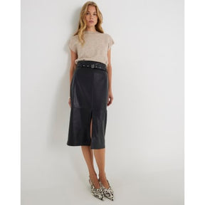 Black Faux Leather Belted Midi Skirt
