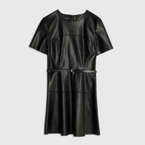 Black Faux Leather Belted Mini Dress